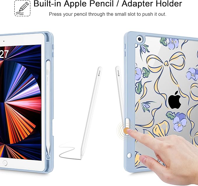 Case for iPad 9th/ 8th/ 7th Generation 10.2-Inch Case(2021/2020/2019 Release) [Built in Pencil Holder] Trifold Stand Auto Wake/Sleep Clear TPU Protection Back Cover Pansies Bows