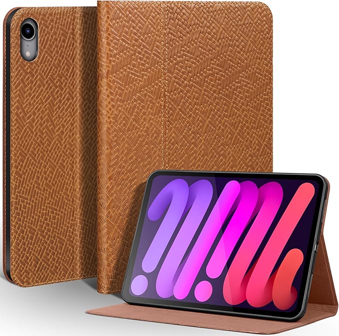 Leather Case for iPad mini 7 (A17 Pro) 2024 / iPad mini 6 Generation 2021 8.3 Inch Full Grain Leather CoverProtective Smart Folio with Auto Sleep/Wake Anti Slip Brown Stripe