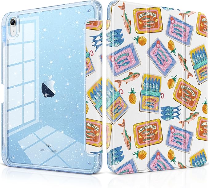MEEgoodo Case for iPad A16 11th Generation 2025/10th Generation 2022 Glitter Tablet Cases with Transparent Acrylic Back+Trifold Stand +Pencil Holder+Auto Wake/SleepColorful Sardines Fish