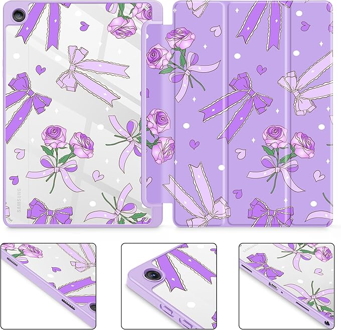 Tuiklol for Samsung Galaxy Tab A9+ Tablet 11” / A9+ Plus 2024 2023Buit-in S-Pen Holder with Clear Protective Cover Transparent Back Shell Auto Wake/Sleep Samsung Tab A9 Plus CoverBow &amp Rose Purp