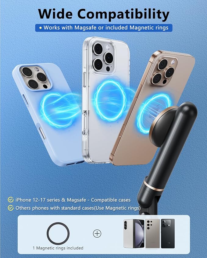 Angle Height Adjustable Magnetic Phone Stand for Desk [10-25] - Retractable Cell Phone Holder for Video Recording Cooking Excising Working -Aluminum iPhone 17 16 15 14 Pro Max Air Stand
