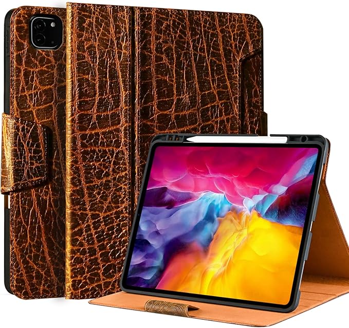 Gexmil Case for iPad Pro 11 Inch4th/3rd/2nd/1st Generation(2022/2021/2020/2018) Genuine Leather Cover with Pencil HolderCowhide Folio CoverAuto Sleep/Wake Anti SlipBuffalo Pattern
