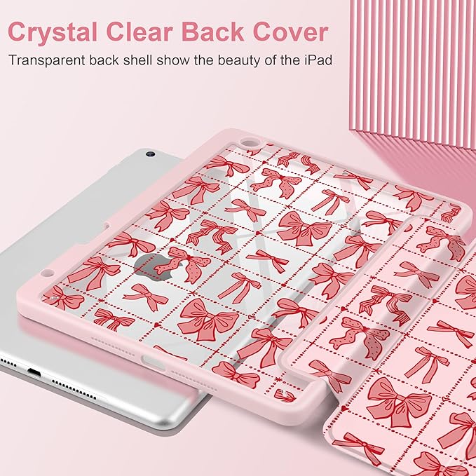 DONGKE for iPad 9th/8th/7th Generation Case 10.2 Inch (2021/2020/2019) [Auto Sleep/Wake &amp Pencil Holder] Clear Acrylic Back Trifold Stand Cover Bow Composition Book