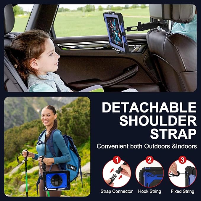 for iPad 6th Generation/iPad 5th Gen/iPad Air 2/iPad Pro 9.7 Case with Cute Key Chain Rugged Protective Case with Rotating Stand &amp Shoulder Hand Strap for iPad 6th/5th/ Air 2 (Black+Blue)