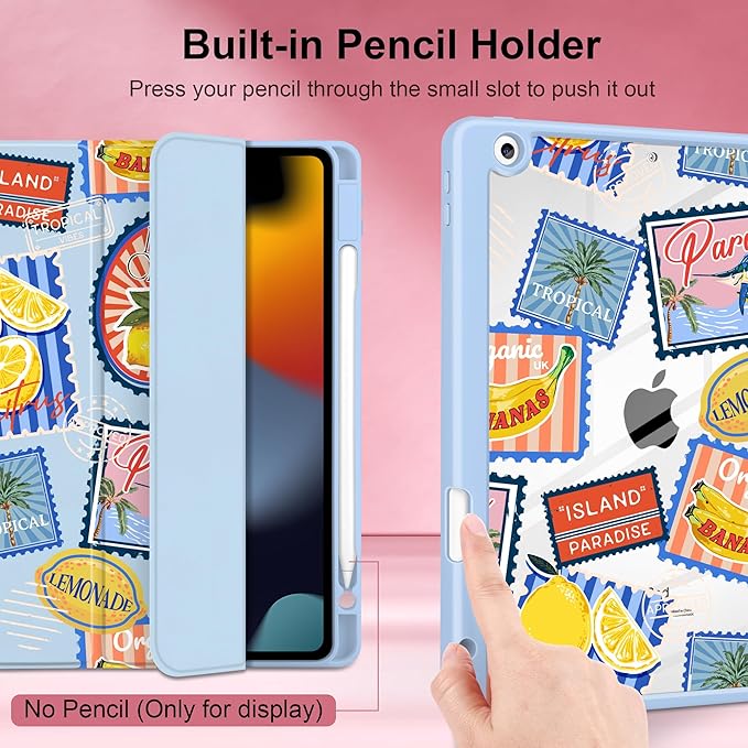 MEEgoodo Case for iPad 10.2 inchTablet Cases for iPad 9th Generation 2021/8th Gen 2020/7th Gen 2019 with Clear Acrylic Back Shell+Pencil Holder+Auto Wake/Sleep+Trifold Stand Retro Tropical Pattern