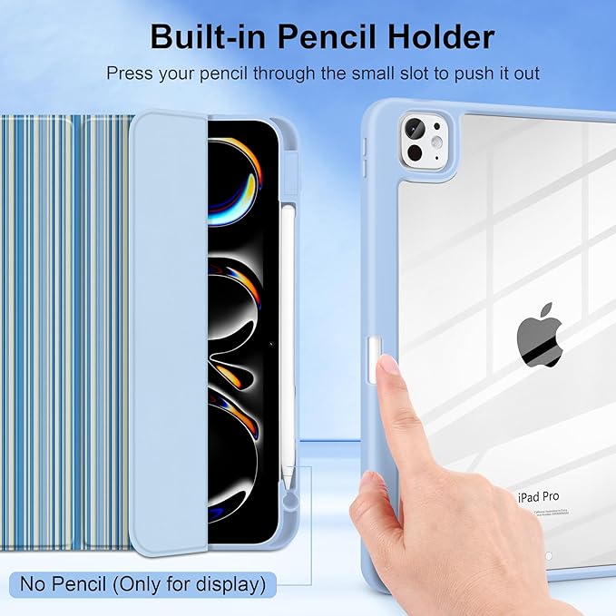 TWOLSKOO Case for iPad Pro 11-inch (M5 2025 / M4 2024) Clear Acrylic Back with TPU Bumper Pencil Holder Trifold Stand Auto Sleep/Wake Blue Stripes
