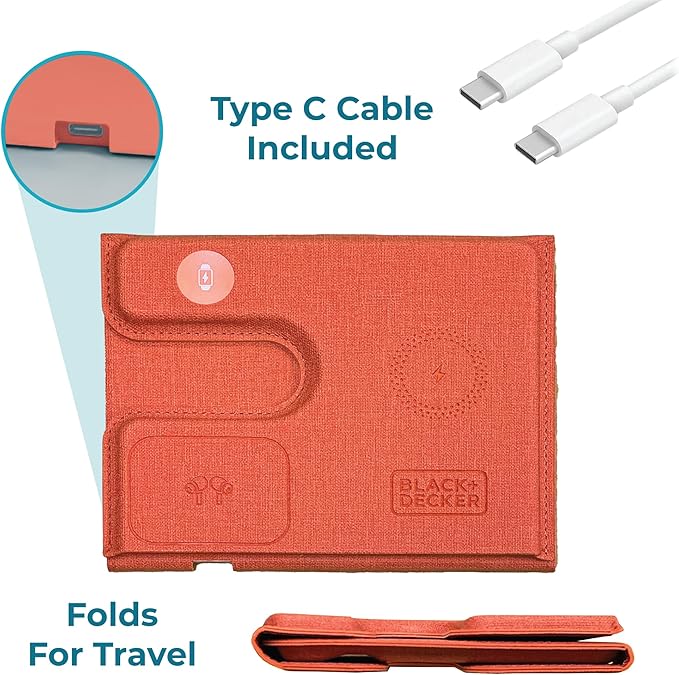 BLACK+DECKER 3 in 1 Charging Station for Apple Multiple Devices Wireless Foldable Travel Charger for Multiple Devices iPhone 17 16 15 14 13 Pro Max Plus Apple Watch Series/AirPods (Coral Rose)