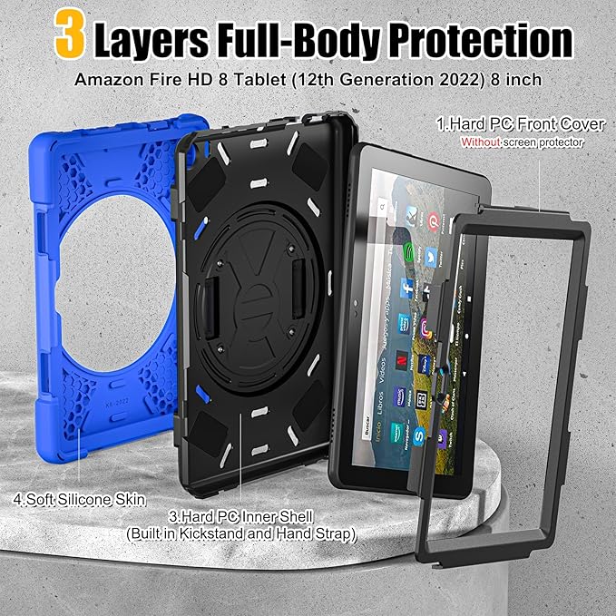BRAECNstock for Amazon Fire HD 8 Tablet Case 12th Generation 2024/2022 8 inch with Rotating Hand Strap + Stand Shouler Strap Pen Holder Shockproof Rugged Kindle Fire HD 8 Protective Case Kids - Blue