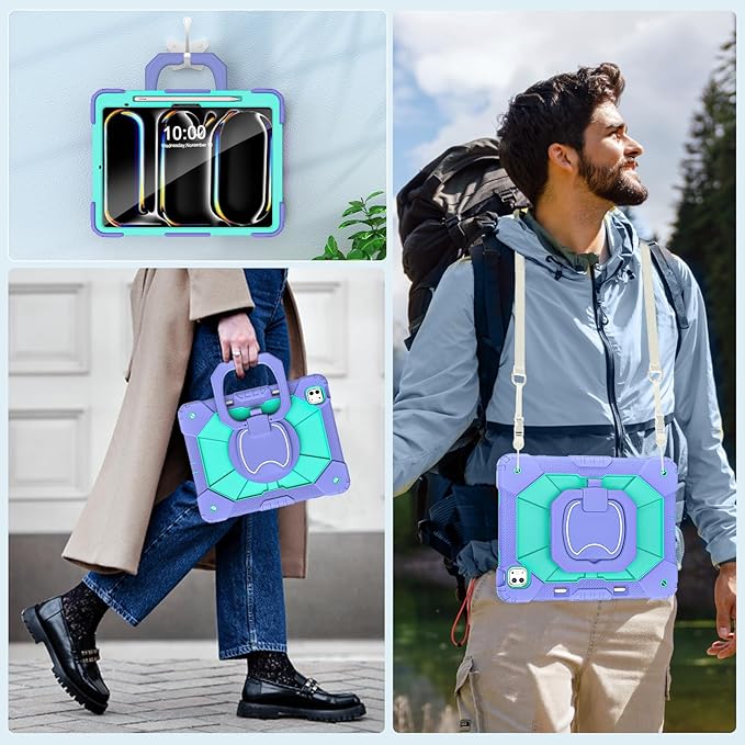 WESOROL for iPad Pro 13 Inch Case M5 2025/M4 2024 (7th Gen) with Screen Protector/360° Rotating Stand/Pencil Holder/Shoulder StrapMilitary Grade Shockproof iPad Case 13 Inch Pro M5/M4Purple Green