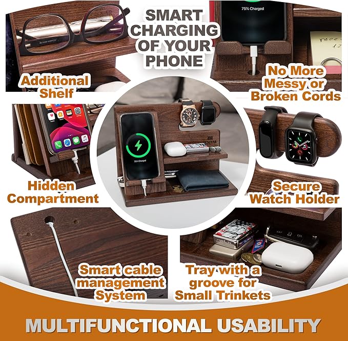 TESLYAR Wood Phone Docking Station for Men - Desktop or Nightstand Organizer - Birthday Gifts for Men Dad - Anniversary Idea from Wife - Key Holder Stand Wallet Watch &amp Essentials (Bourbon Brow