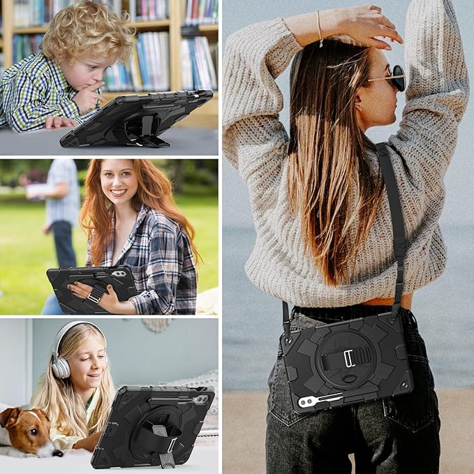 HXCASEAC Case for Samsung Galaxy Tab S10+ Plus / S9 Fe+ / S9+ 5G 12.4 inch Protective with Screen Protector/S Pen Holder/ 360 Rotating Stand Hand Strap - Black