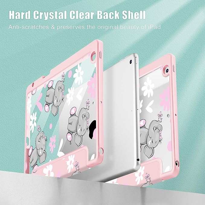 May Chen for iPad 9th Generation with Pencil Holder iPad 8th/7th Gen Case 10.2-inch [Penceil Holder] Trifold Stand Auto Wake/Sleep Clear TPU Protection Back Cover Cute Elephant