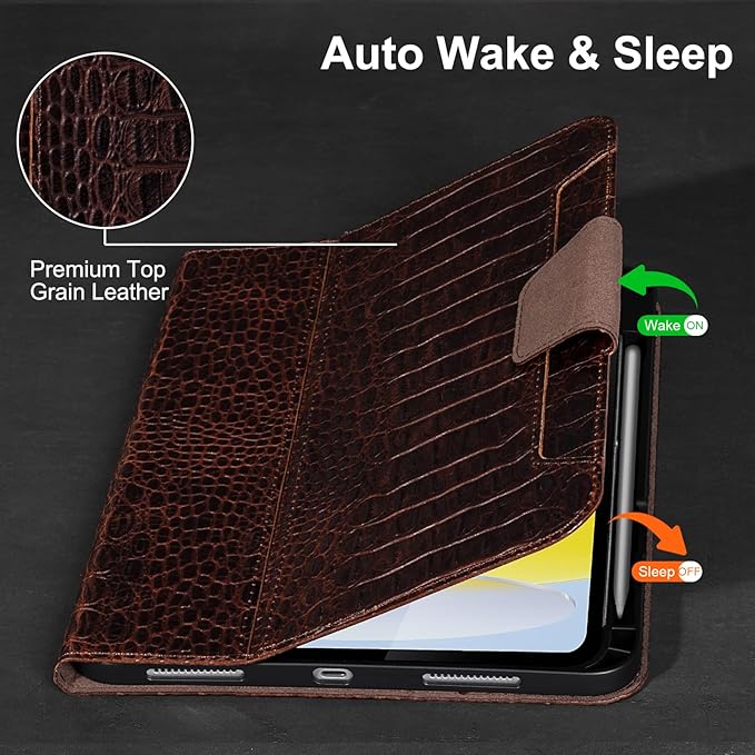 Gexmil Leather Case for iPad (A16) 11th Generation 11 Inch 2025 iPad 10th Generation 10.9 Inch 2022Protective Cover with Pencil HolderMagnetic ClosureAuto Sleep/WakeBrown Crocodile