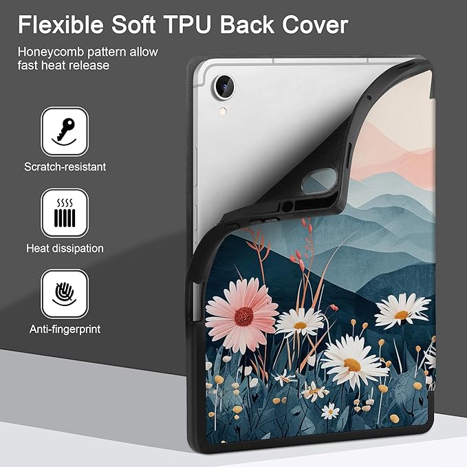 DONGKE Case for Samsung Galaxy Tab S11 5G 11 2025 Model (SM-X730/X736B) Slim Lightweight Trifold Stand Cover with S Pen Holder Auto Sleep/Wake Soft TPU Shockproof Back Daisies