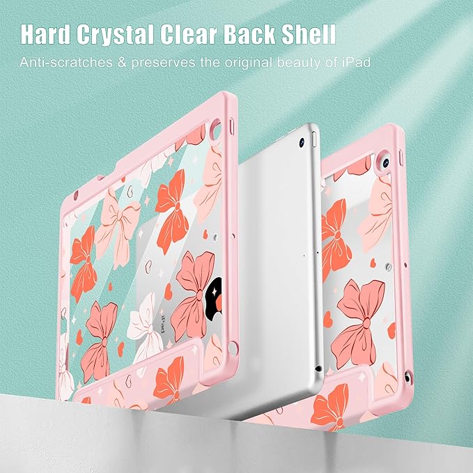 for iPad 9th Generation with Pencil Holder iPad 8th/7th Gen Case 10.2-inch [Built in Pencil Holder] Trifold Stand Auto Wake/Sleep Clear TPU Protection Back Cover Bows SD146