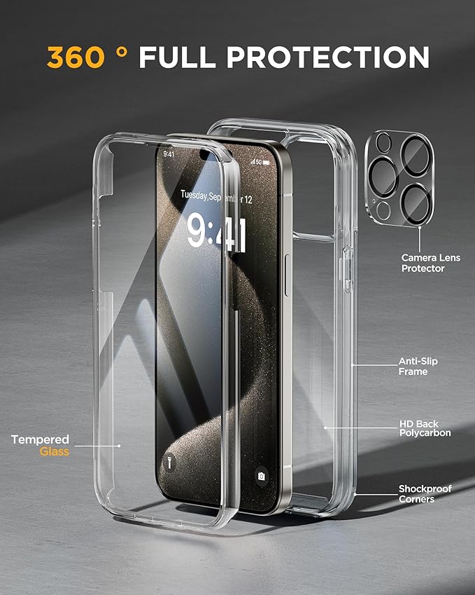 Miracase for iPhone 15 Pro Case Full-Body Clear Bumper Phone case with Built-in Glass Screen Protector&amp Camera Protector Military Drop Proof 15 Pro Case Cover 6.1 inchClear