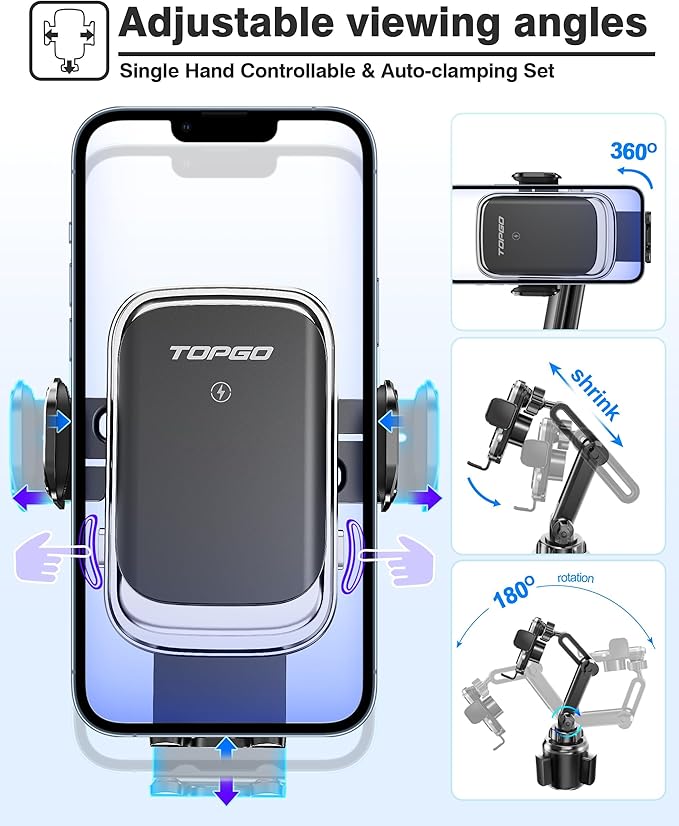 [Upgraded] TOPGO Cup Phone Mount Wireless ChargerUniversal Cell Phone Holder Car Charger Wireless-Charger-Cup-Phone-Holder Fast Charging for iPhone16/16 Pro/16 Pro Max Samsung Galaxy - Black