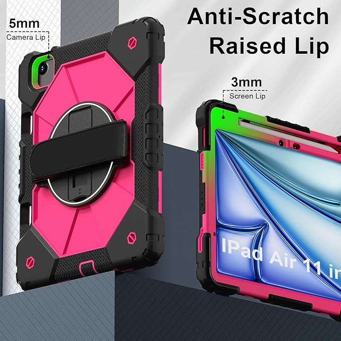 Tablet case for iPad Air 11 inch M2 2024 Tablet case for iPad Air 6th Generation(A2902 A2903 A2904) Hand Strap Shockproof Protective with 360° Rotate Kickstand Shoulder Black/Rose Red