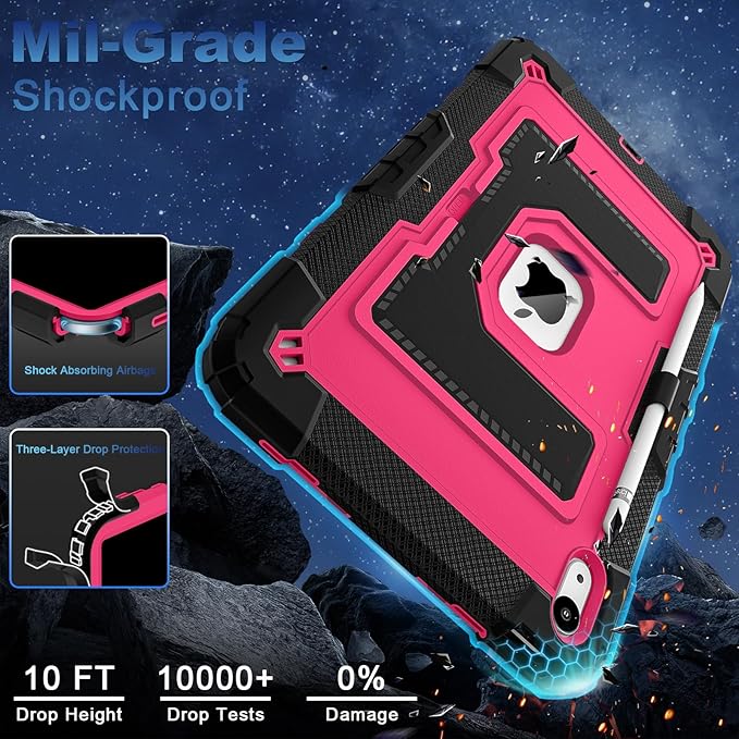 WESOROL Case for iPad A16 11th Generation 11 Inch (2025) iPad 10th Generation 10.9 Inch (2022)i Pad A16 Case Military Grade Shockproof Cases with Pencil Holder Shoulder StrapBlack Pink