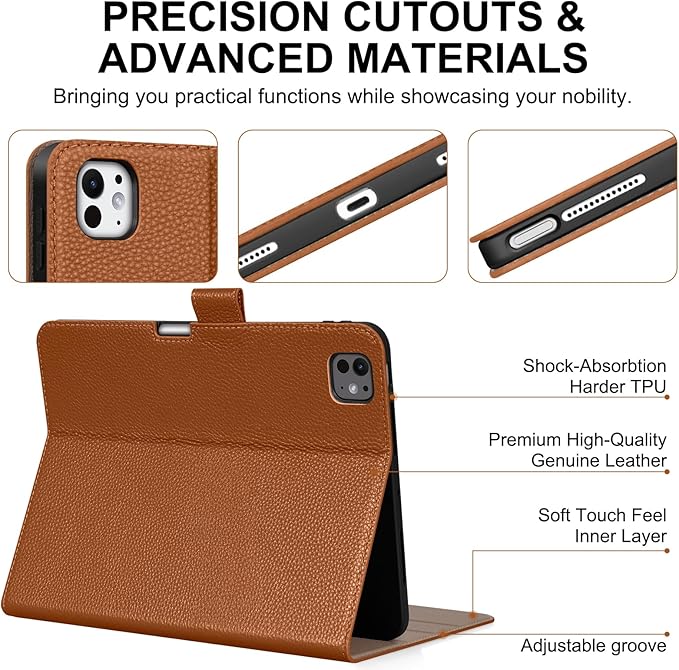 Genuine Leather Case for iPad Pro 11 inch Case (M5) 2025 / (M4) 2024 | with Pencil Holder and Adjustable Stand Magnetic Closure Auto Wake/Sleep Cover | Brown