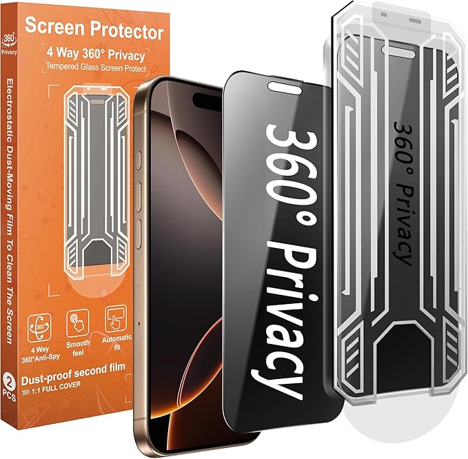 360° 4 Way Privacy Screen Protector for iPhone 16 Pro Max [2 Pack] Anti-Spy Tempered Glass 9H Hardness Shatterproof 3D Curved Edges Case-Friendly Bubble-Free Easy Installation