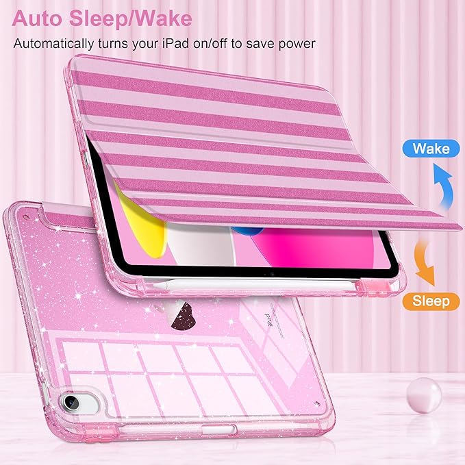 TWOLSKOO Sparkly Case for iPad Pro 11 inch (M5 2025 / M4 2024) Glitter Hard Acrylic Back with Pencil Holder Slim Trifold Stand Folio Cover Auto Sleep/Wake Pink Stripes