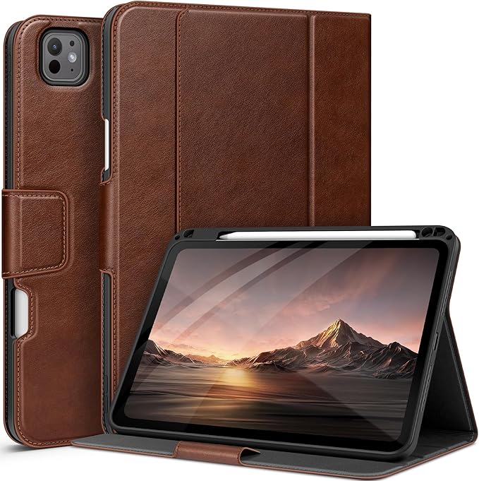 auaua Case for iPad Pro 11 Inch (M5/M4) 2025/2024 with Pencil Holder and Pocket Multiple Angles Viewing Magnetic Closure Auto Sleep/Wake (Brown)