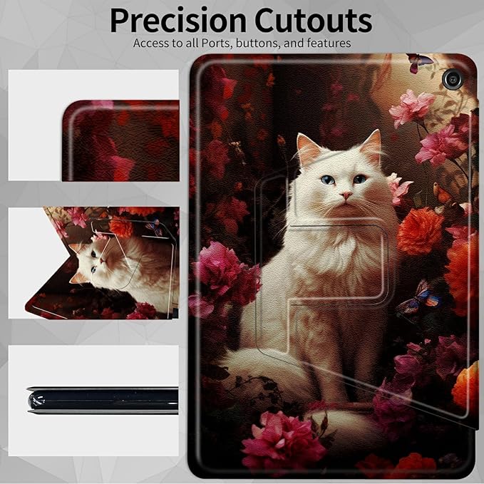 Case for All-New Kindle Fire 7 Tablet (12th Generation 2022 Release)360 Degree Rotating Swivel Stand Protective Cover for Fire 7 TabletWhite Cat Flower