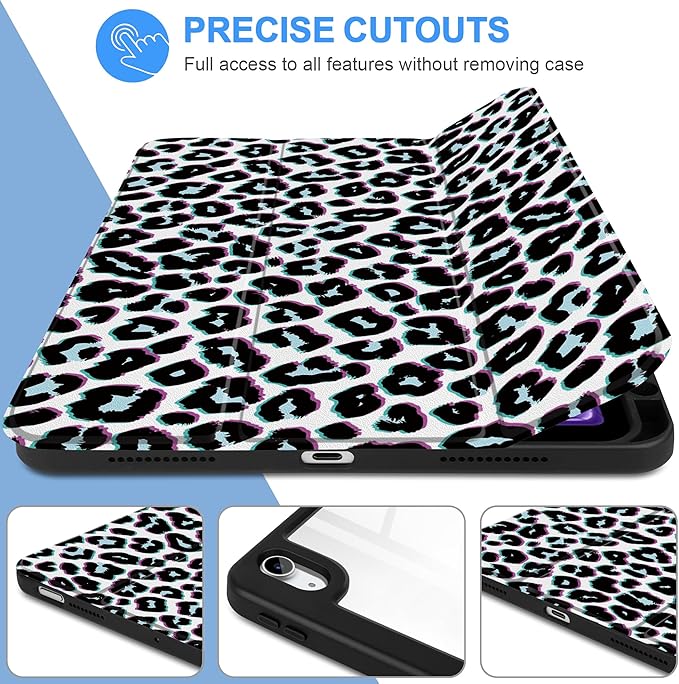 TWOLSKOO Case for iPad Air 11-inch (M4 2026 / M3 2025 / M2 2024) Clear Acrylic Back with TPU Bumper Pencil Holder Trifold Stand Auto Sleep/Wake Black Leopard