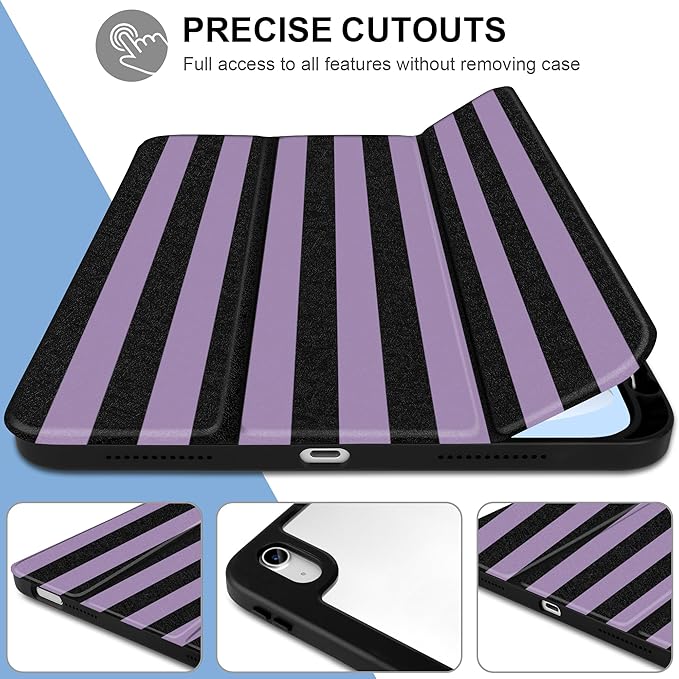 DONGKE Case for iPad (A16) 11th Generation 11 inch 2025 &amp iPad 10th Gen 10.9 inch 2022 [Built-in Pencil Holder] Clear Acrylic Back Trifold Stand Smart Cover Auto Sleep/Wake Purple Stripes