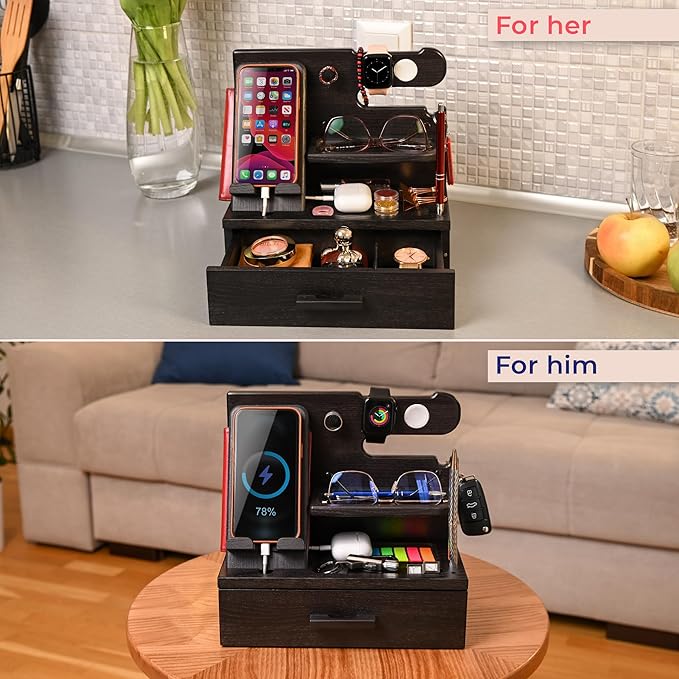TESLYAR Wood Phone Docking Station with Drawer - Nightstand Organizer - Desk Organizer for Husband - Birthday Gifts for Men Dad Anniversary Idea Key Holder Stand Watch &amp Accessories (Granite Bl