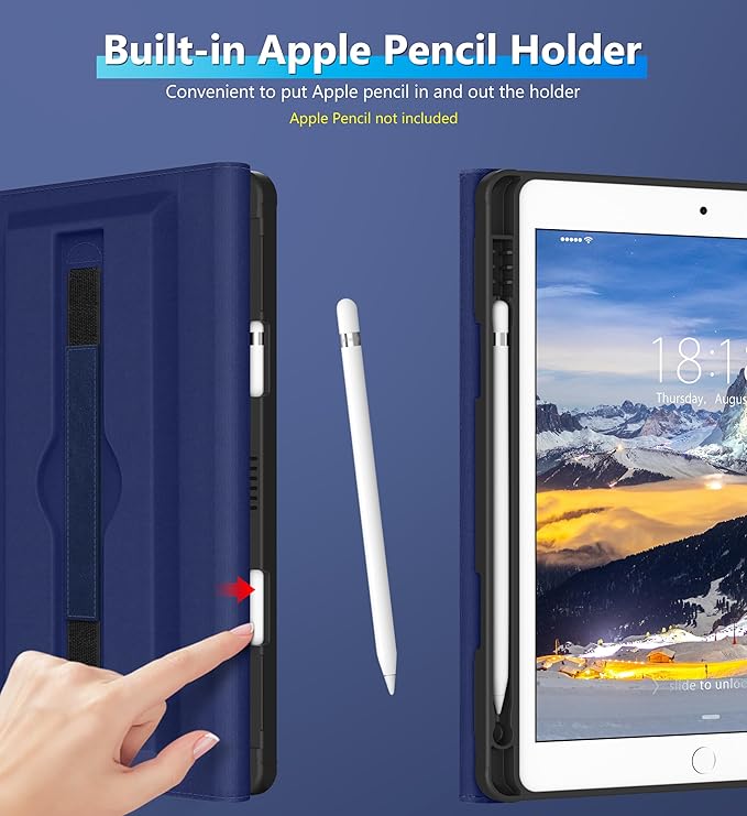 DTTO for iPad 9th / 8th / 7th Generation Case 10.2 Inch (2021/2020/2019) 360 Degree Rotating Premium Leather Folio Stand Cover with Pencil Holder Navy Blue