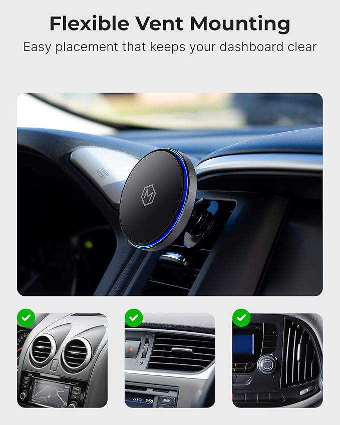 Mag Switch Qi2 Mag Safe Wireless Car Charger Air Vent Mount 15W Fast Charger with a built in on/off switch for charging Strong N52 Magnets Compatible with iPhone 14/15/16/17 Iphone Air