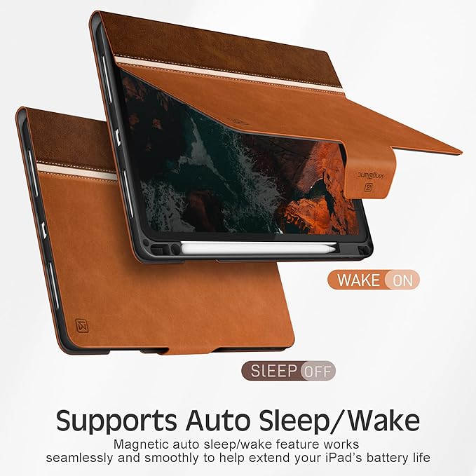 KingBlanc Case for iPad Pro 11 inch (M5 2025/M4 2024) with Pencil Holder Vegan Leather Smart Stand Cover Auto Sleep Wake Support Pencil Pro/(USB-C) Viewing/Typing Angle Durable Protection Brown