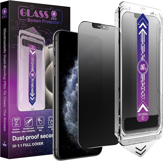 2 Pack Matte Privacy Screen Protector for iPhone X/iPhone XS/iPhone 11 Pro 9H Tempered Glass Full Coverage Anti-Fingerprint Auto Dust-Elimination No Bubble Easy Installation