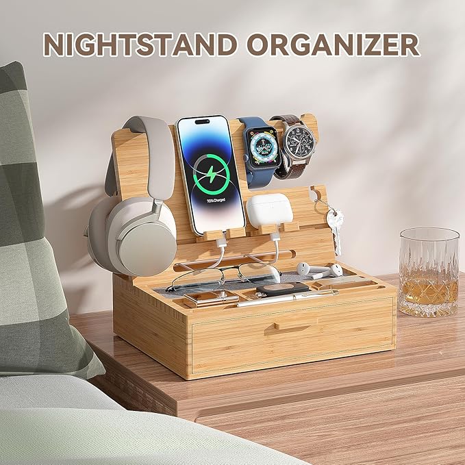 Pezin &amp Hulin Wooden Charging Station Bedside Nightstand Tray with Spacious Drawer Felt Pads for Phones Watch Idea Gifts for Him Birthday Son Christmas for Papa Fathers Day (Nature)