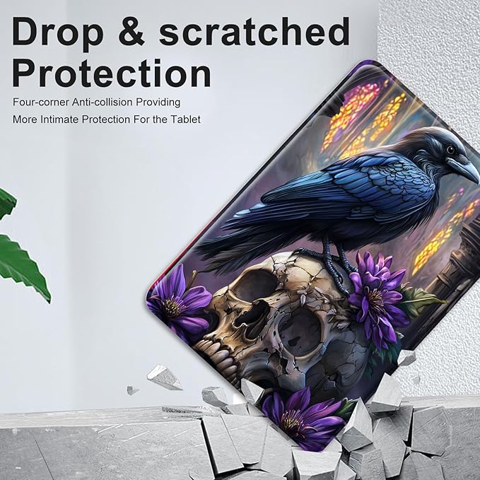 Universal 99.710.110.210.5 Tablet Case Raven Skull FloralProtective Cover Stand Folio Case for 9-10.5 Inch TabletTablet Case Cover for iPad Samsung Other Tablet