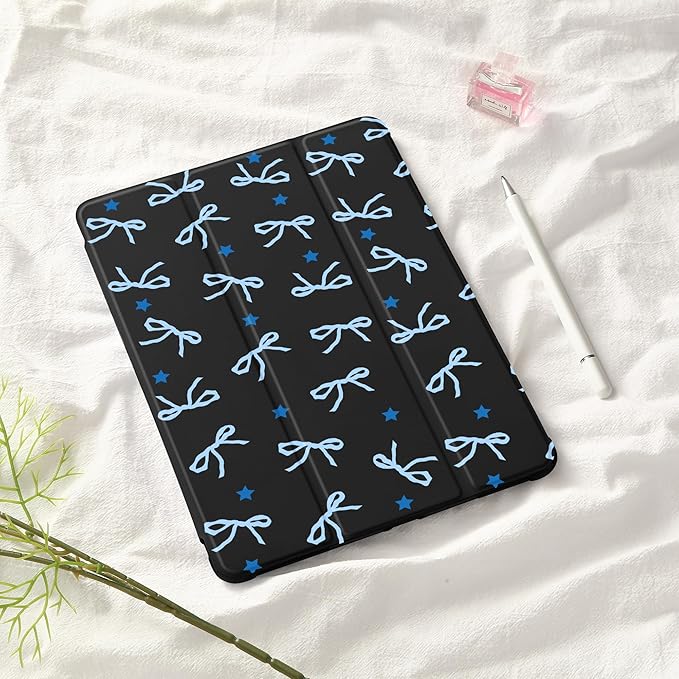 Idocolors Case for iPad 11 inch (A16 Chip) 2025 Generation 11th / iPad 10.9 inch 2022 10th Gen Built-in Pencil Holder with Soft TPU Shockproof Back Shell Auto Wake/Sleep Blue Bows-Black