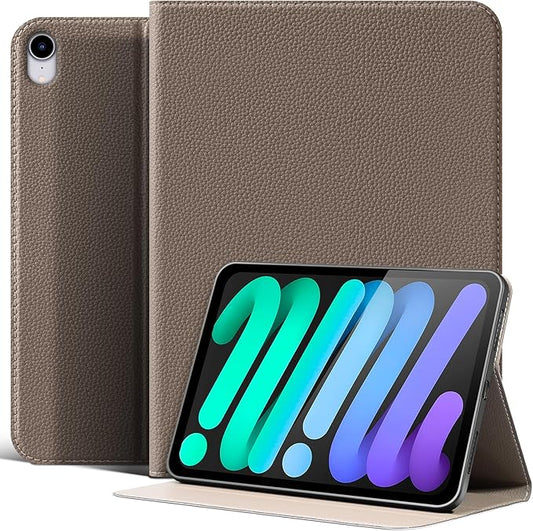 Case for iPad mini 7 (A17 Pro) 2024 iPad mini 6th Generation 2021 Leather Protective Shockproof Smart Cover Adjustable Stand - Auto Wake/Sleep and Multiple View Angles Gray Brown