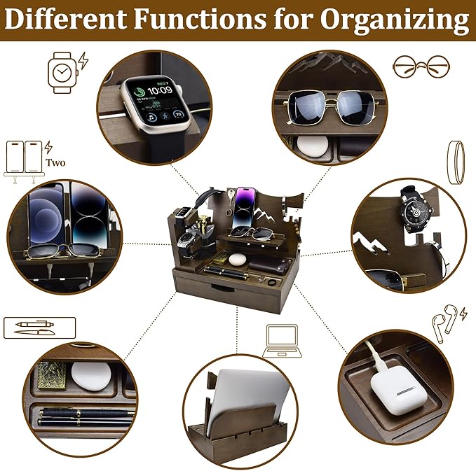 Nightstand Organizer for Men with Large Drawer Wood Phone Docking Station for Phone Apple Watch Wallet &amp Keys Ideal Birthday Gift for Father Husband Bedside Desk Organizer (Brown)