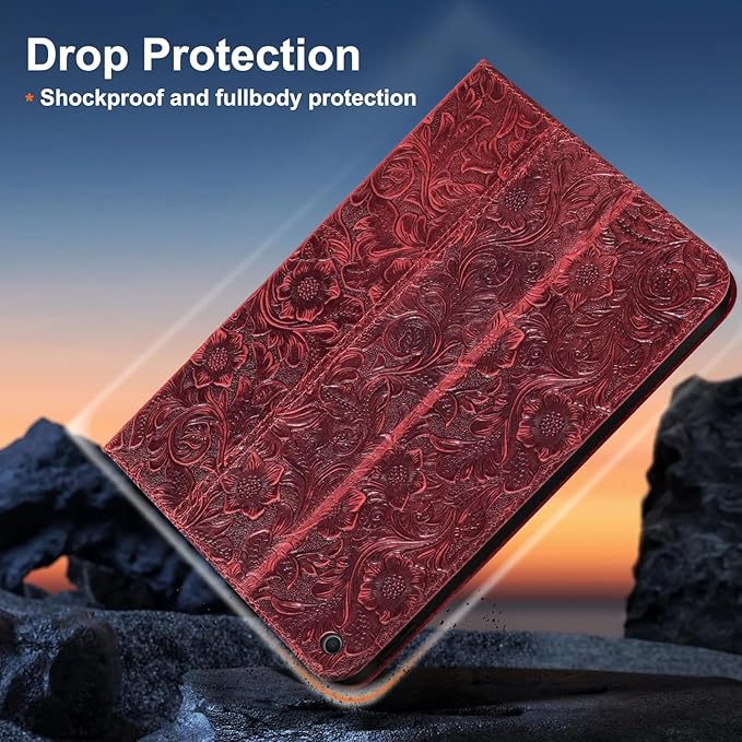 Gexmil Leather Case for iPad 10.2 Inch 9th/8th/7th Gen 2021/2020/2019Premium Cowhide Folio Cover with Auto Wake/SleepAdjustable Stand Anti FingerprintFloral Red