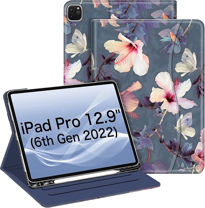 Fintie Folio Case for iPad Pro 12.9 6th Generation 2022 Multi-Angle Smart Stand Cover w/Pencil Holder &amp Pocket Also Fit iPad Pro 12.9 2021 5th &amp 2020 4th &amp 2018 3rd Gen Blooming Hibisc