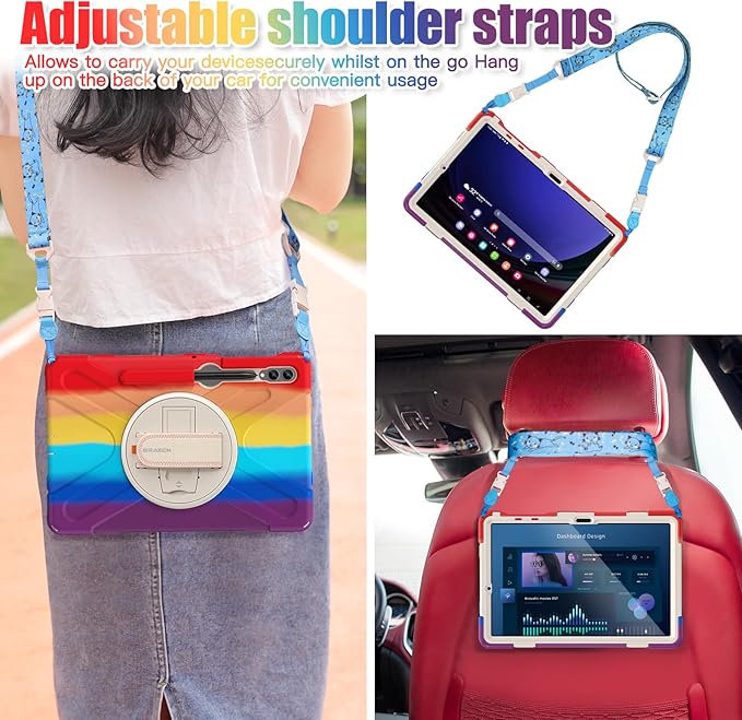 BRAECNstock Kids Case for Samsung Galaxy Tab S10+ Plus/ S9 FE+ Plus/ S9+ Plus/ S8+ Plus/ S7 FE/ S7+ Plus 5G 12.4 Shockproof Protective Cover with Pen Holder Rotating Hand Strap &amp Stand - Colorful