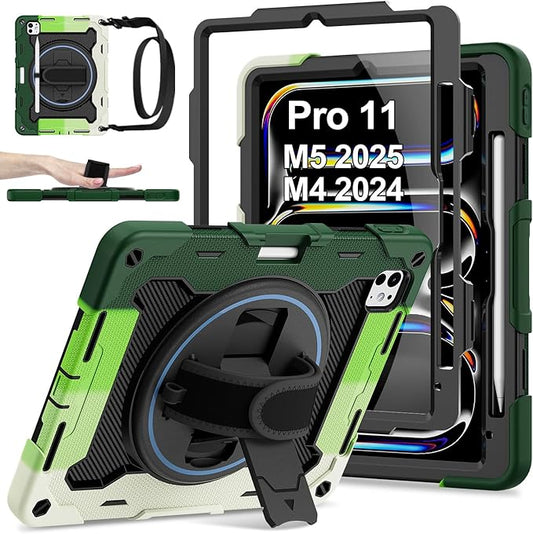 iPad Pro 11 Inch Case M5 2025/M4 2024 Heavy Duty Shockproof Protective Case with Screen Protector 360° Rotating Stand Hand Strap Shoulder Strap Kids Cover Apple Pencil Holder
