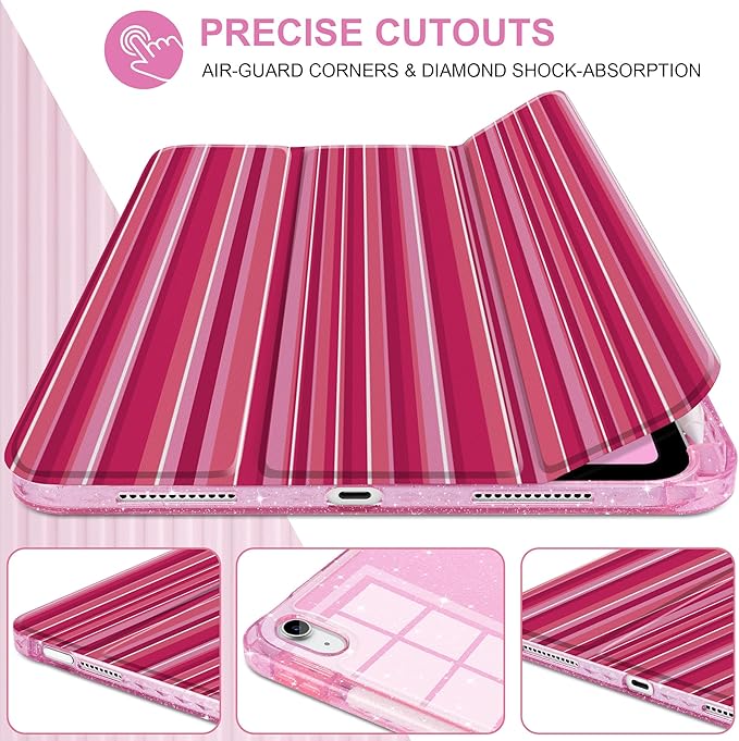 MEEgoodo Case for iPad A16 11th Generation 2025/10th Generation 2022 Glitter Tablet Cases with Transparent Acrylic Back+Trifold Stand +Pencil Holder+Auto Wake/SleepMixed Pink Stripes