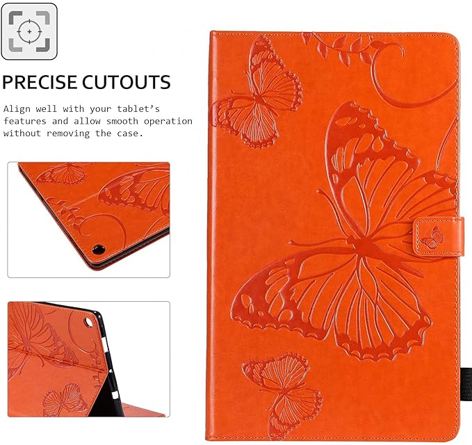 Wallet Case for Fire HD 10 (9th/7th/5th Generation 2019/2017/2015) Techcircle Butterflies Embossed Stand Folding Cover with Card/Cash Holder for Amazon Fire HD 10.1 Tablet Auto Sleep/Wake Orange