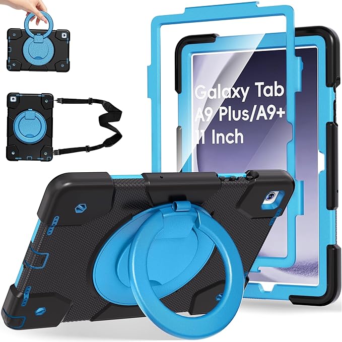 Case for Samsung Galaxy Tab A9+/A9 Plus Case 11 Inch with Screen Protector/360° Rotating Stand/Pen Holder/Shoulder Strap Shockproof Cover for Tablet A9+ 5g (Black+Blue)