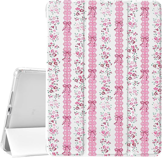 JOYLAND for iPad 6th/5th Generation 9.7 inch Case (2018/2017) with Pencil Holder-Auto Wake/SleepBlue Bow&ampFlowers Cover Anti-Scratch Shockproof Premium Folio Stand CaseWhite