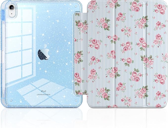 DONGKE for iPad Case 9th/8th/7th Generation 10.2 Inch (2021/2020/2019) Shockproof Glitter Acrylic Back with Trifold Stand Pencil Holder &amp Auto Sleep/Wake - Tiny Roses