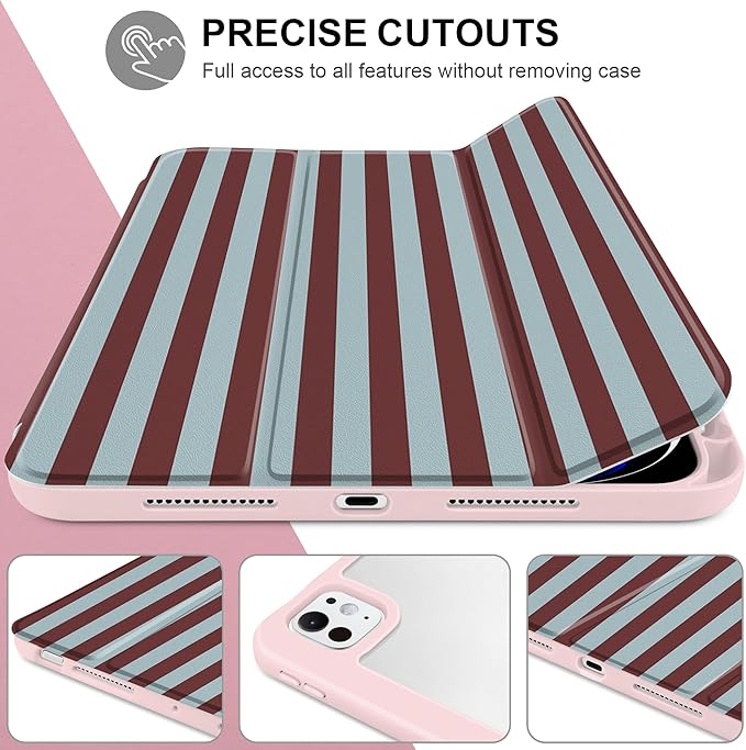 TWOLSKOO Case for iPad Pro 11-inch (M5 2025 / M4 2024) Clear Acrylic Back with TPU Bumper Pencil Holder Trifold Stand Auto Sleep/Wake Burgundy Stripes